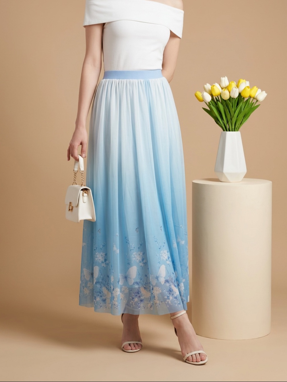 Light Blue Ombre Midi Skirt with Floral Detail